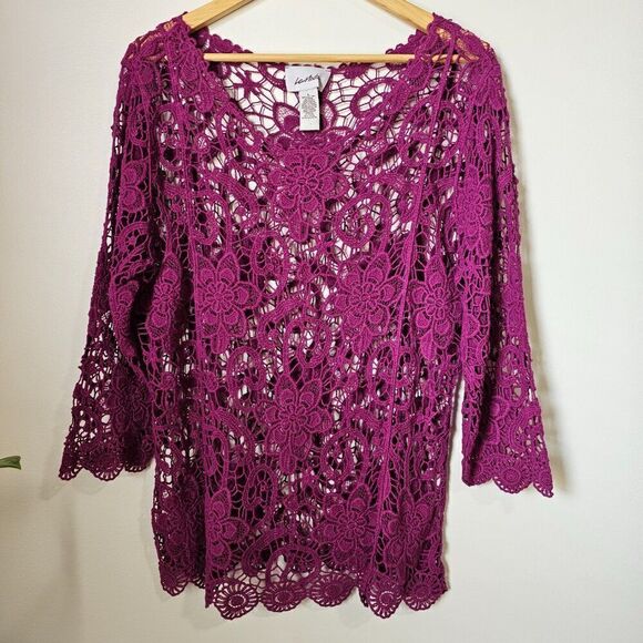 EUC LIKE NEW LE MODA APPLIQUE LACE BOATNECK CROCHET TOP SIZE LARGE - Picture 1 of 12